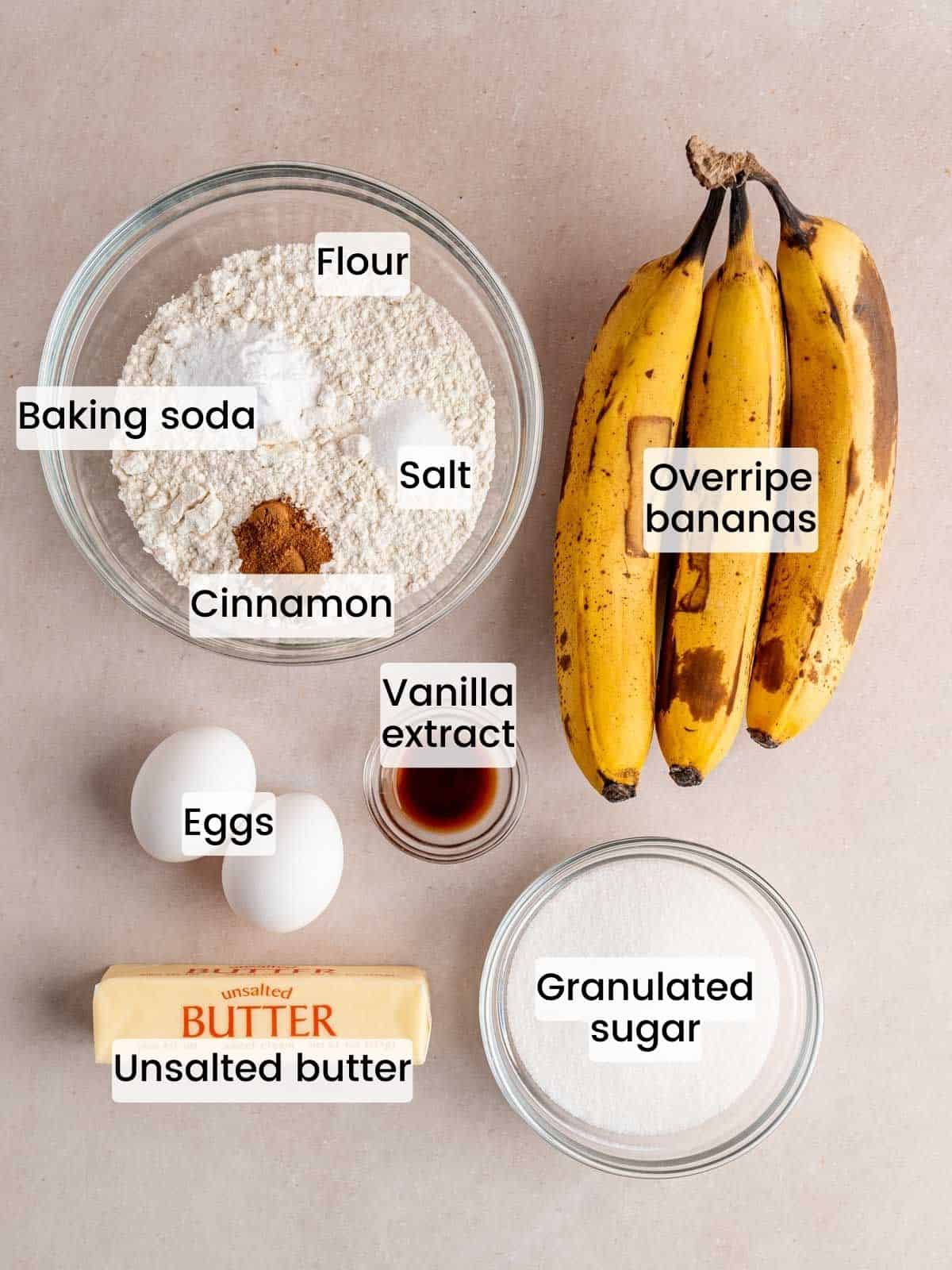 Ingredients needed to make homemade banana bread.