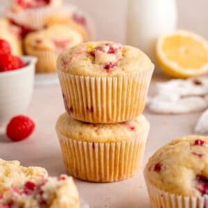A stack of lemon raspberry muffins.