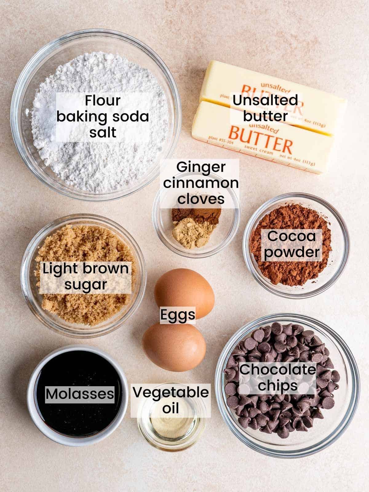 Gingerbread brownie ingredients labeled