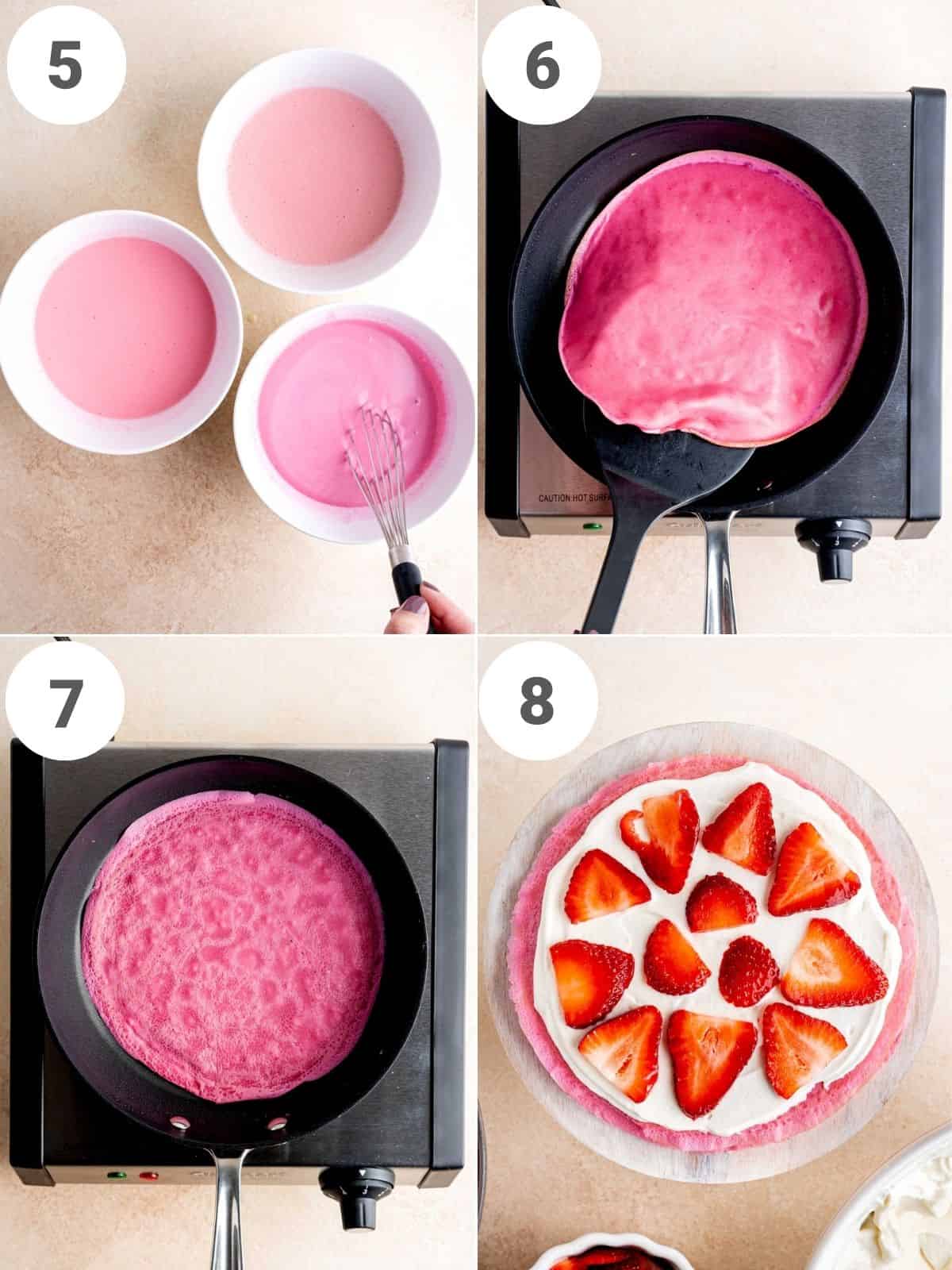 Step by step instructions showing how to dye crepe batter, cook crepes and then layer them with cream cheese filling and strawberries.