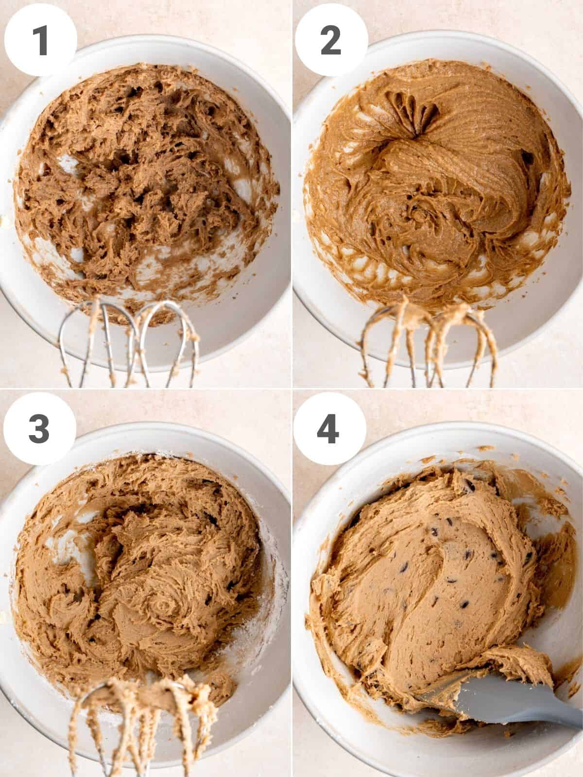 Collage showing the steps to making sourdough chocolate chip cookies.