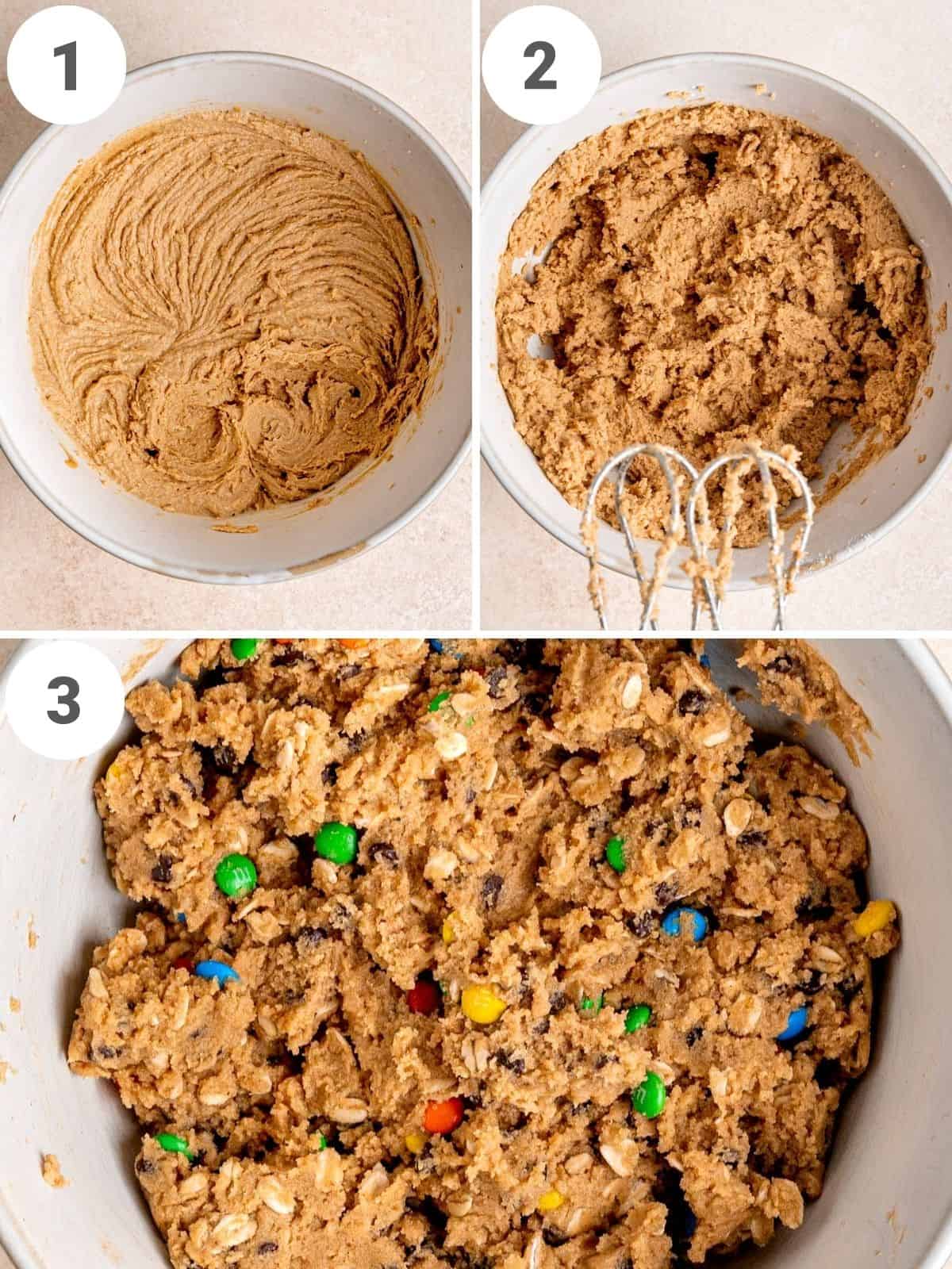 3-photo collage showing how to make edible monster cookie dough.