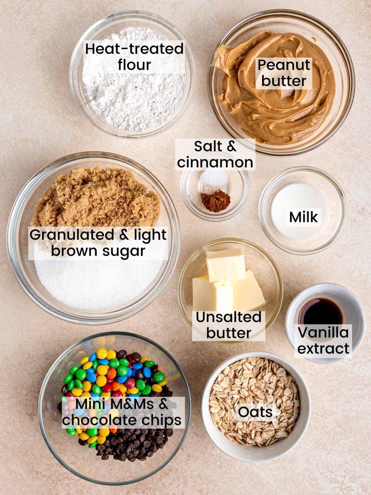 Ingredients needed to make edible monster cookie dough.