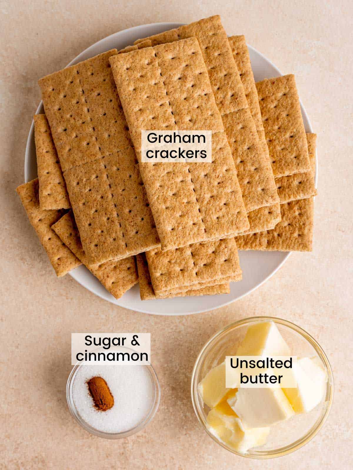 Ingredients needed to make homemade graham cracker pie crust.