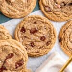 Top view of espresso chocolate chip cookies with flaky salt.