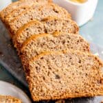 Sourdough discard banana bread cut into individual slices.