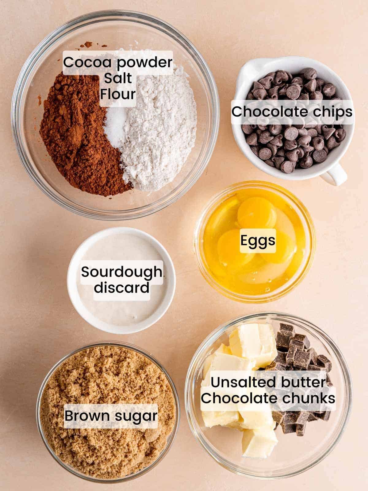 Ingredients needed to make fudgy brownies with sourdough discard.