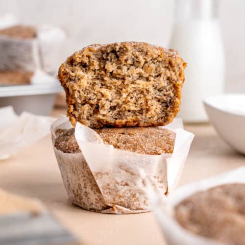 A stack of two cinnamon banana bread muffins.