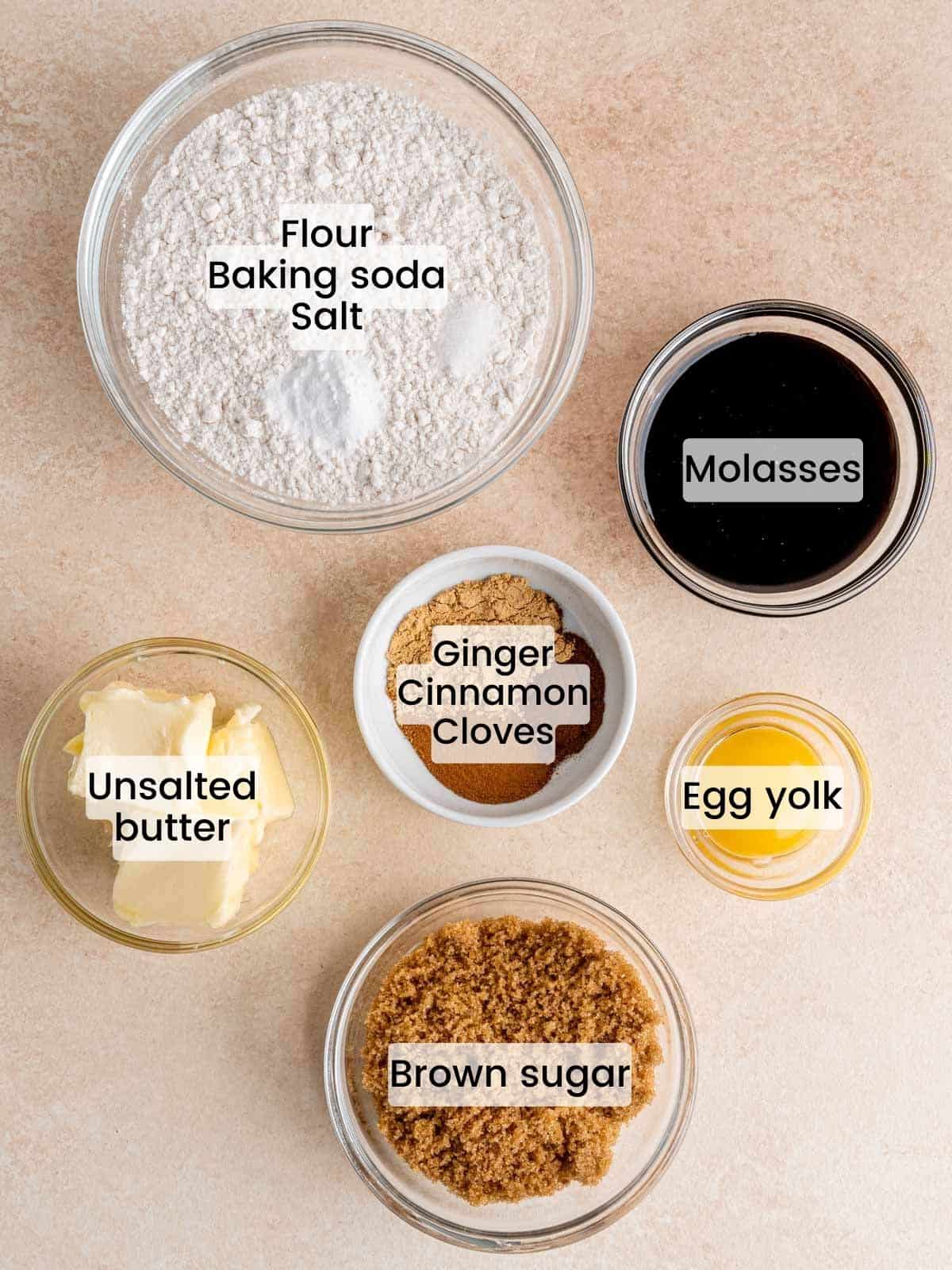 Ingredients needed to make ginger molasses drop cookies.