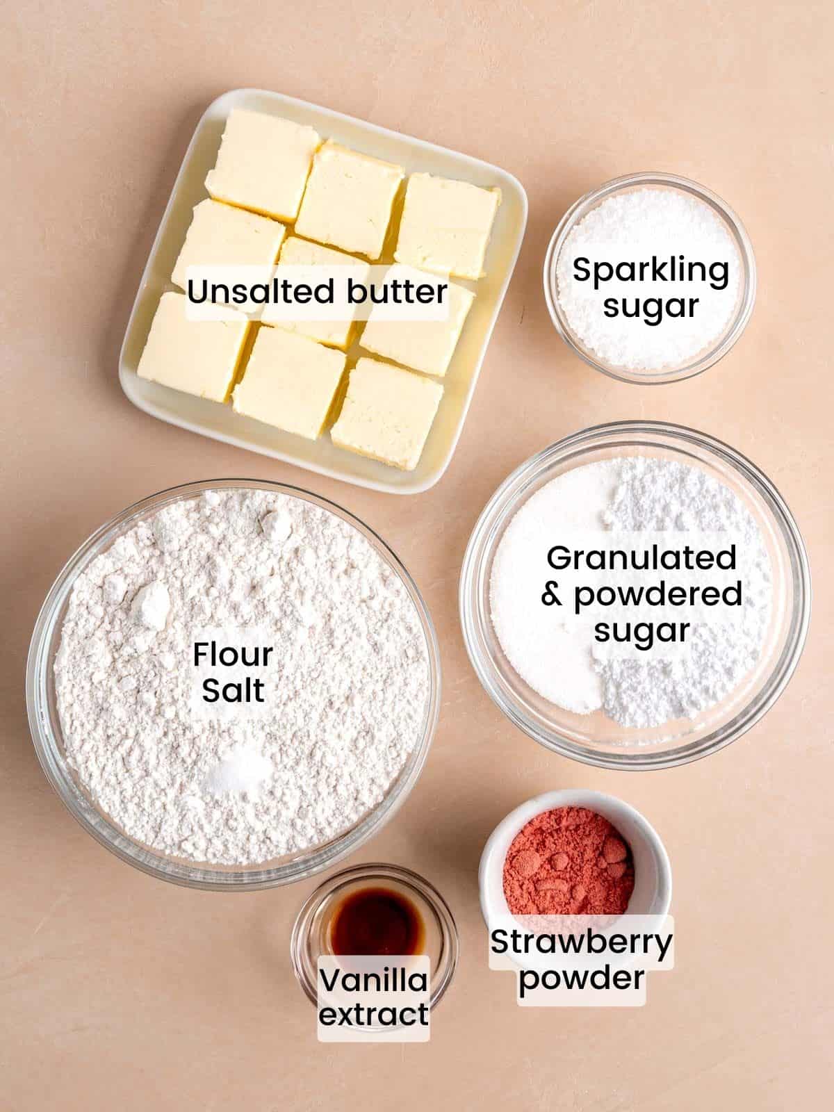 Ingredients needed to make strawberry shortbread cookies.