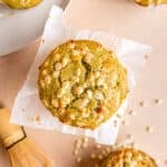 Top view of white chocolate chip matcha muffins.