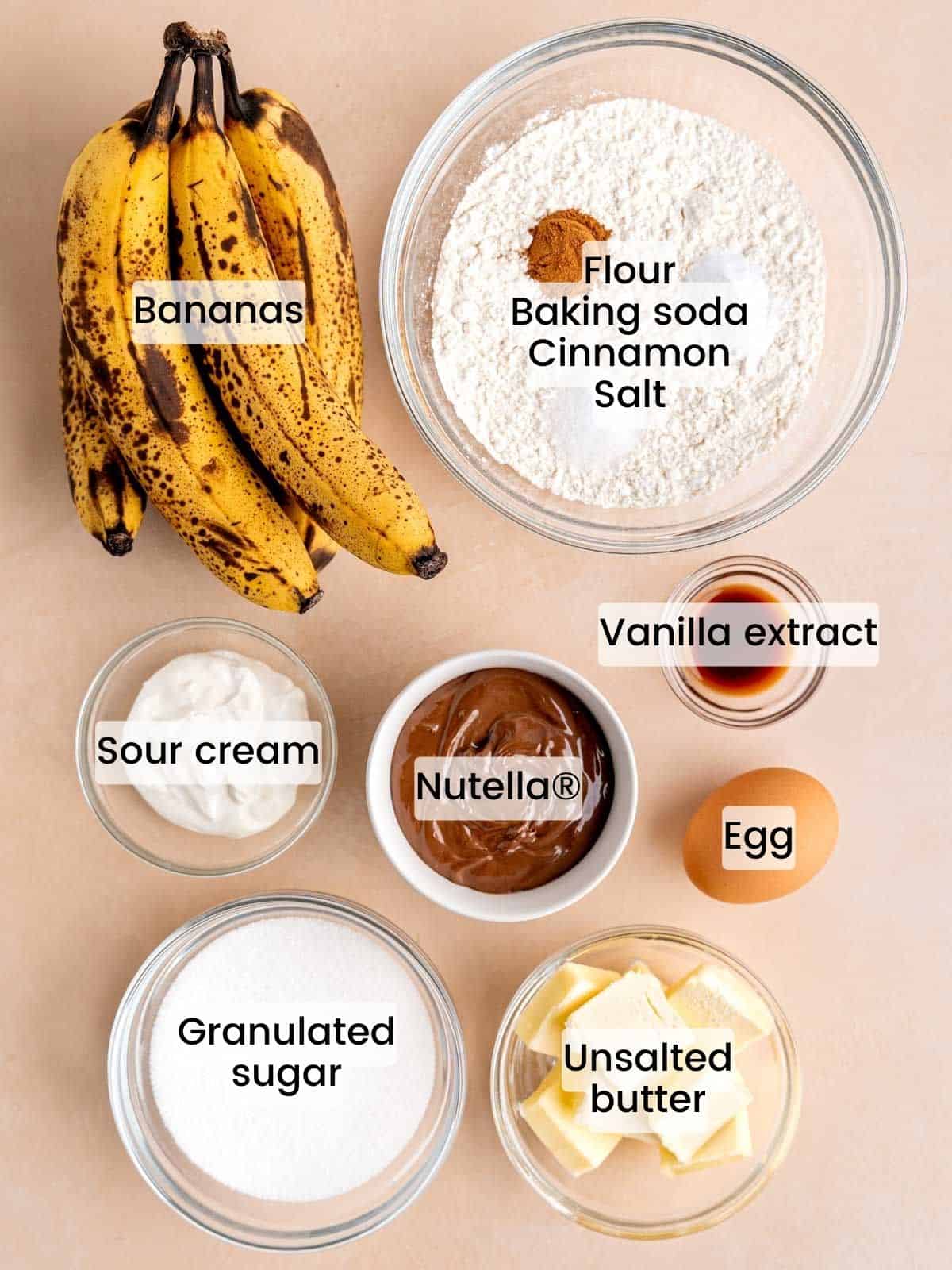 Ingredients needed to make Banana Nutella Muffins.