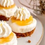 Mini lemon cheesecakes with lemon curd, whipped cream, and Biscoff cookie crust.