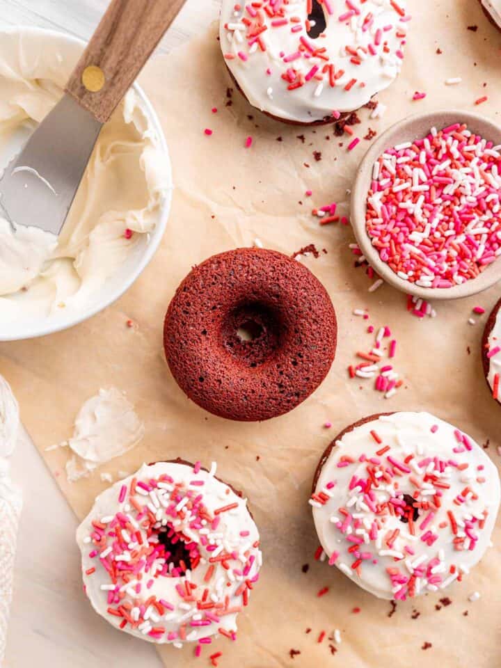 Red Velvet Cake Donuts with Cream Cheese Icing Broken Oven Baking