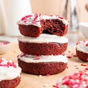 Close up of a red velvet cake donut stack.