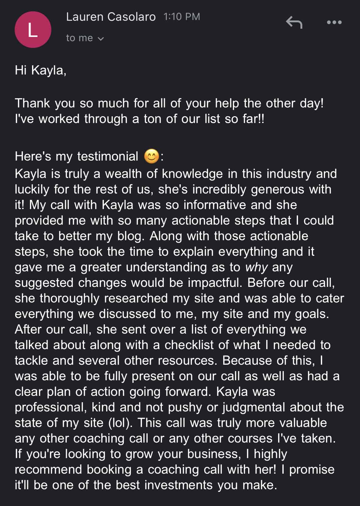 Food blog coaching call testimonial from Lauren at Pinch of Parsley.
