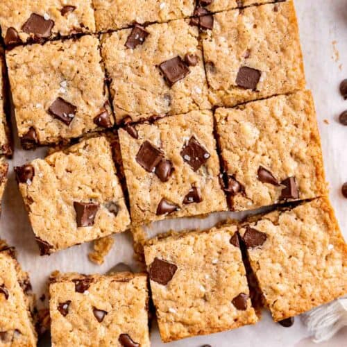 Oatmeal chocolate chip bars cut into squares.