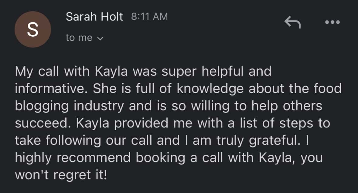 Food blog coaching call testimonial by Sarah Holt.