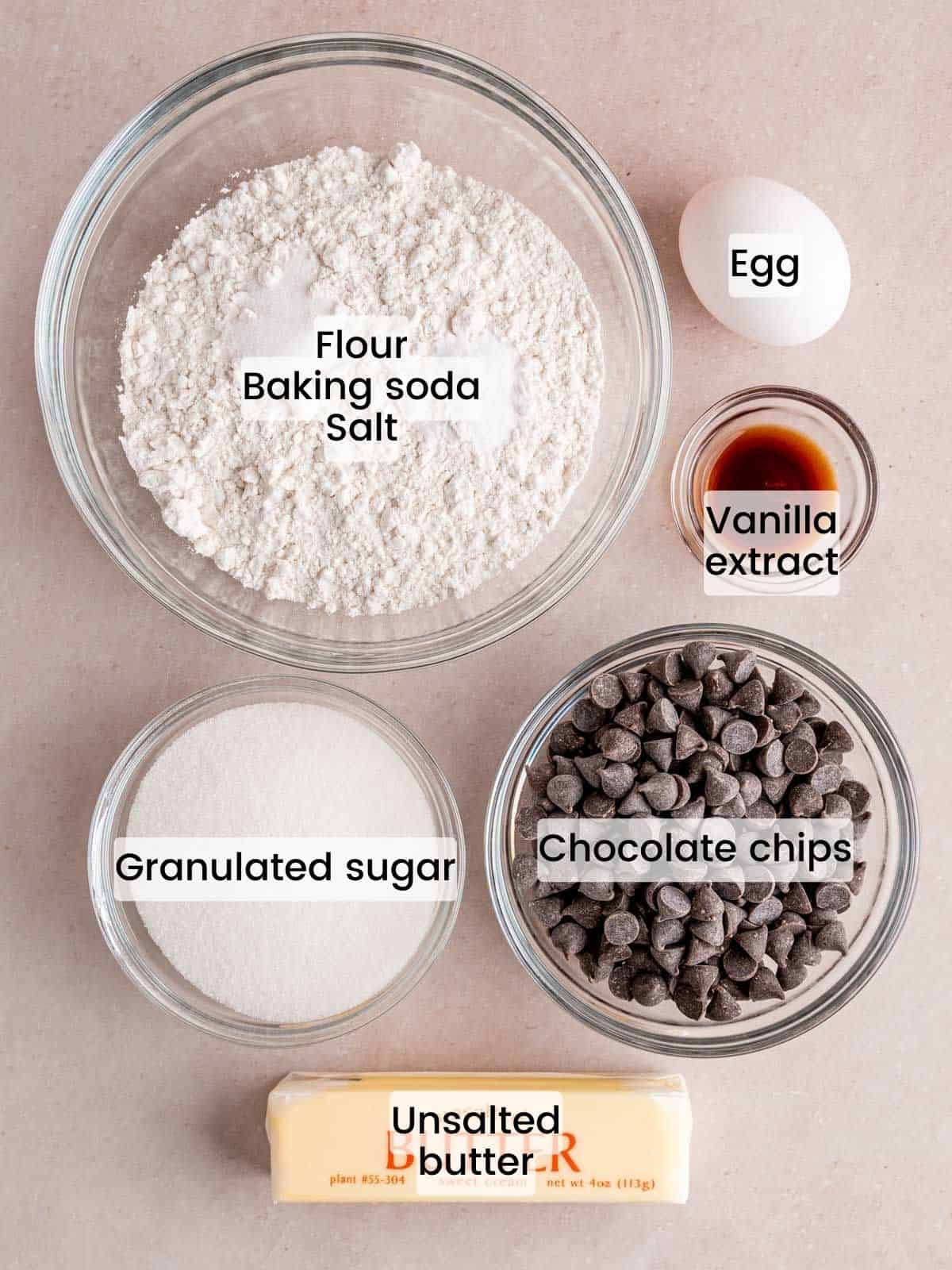 Ingredients needed to make chocolate chip cookies without brown sugar.