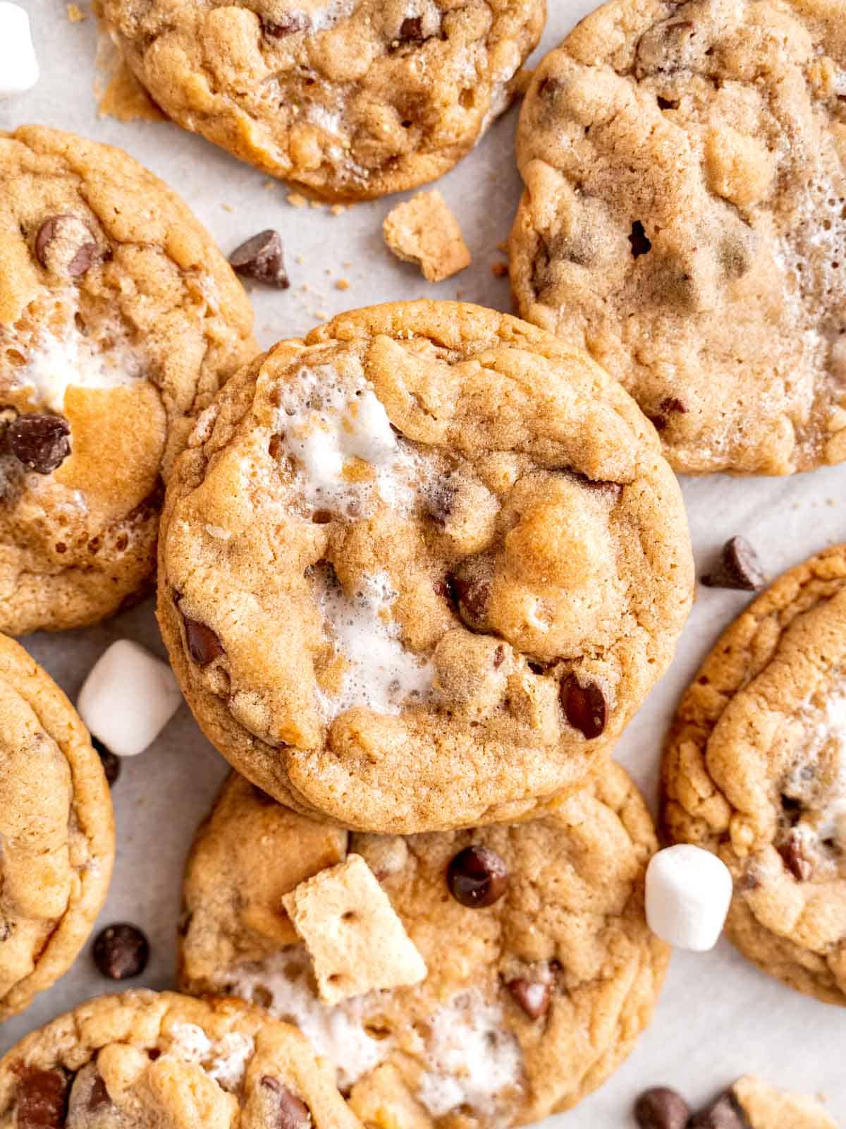 S'mores cookies with graham crackers, chocolate, and marshmallows.