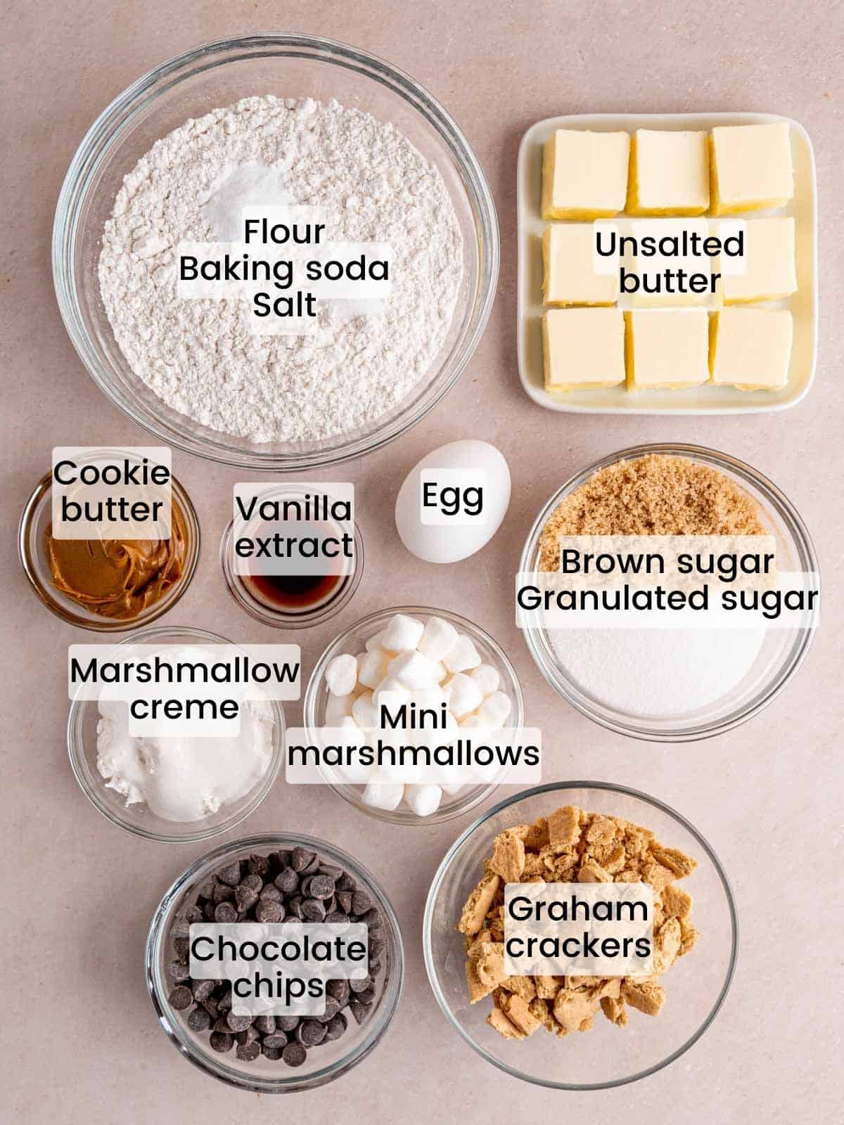Ingredients needed to make s'mores cookies.