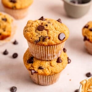 A stack of chocolate chip peanut butter muffins.