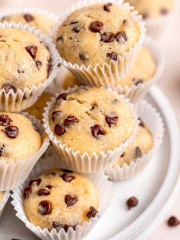 Chocolate chip mini muffins on a plate.