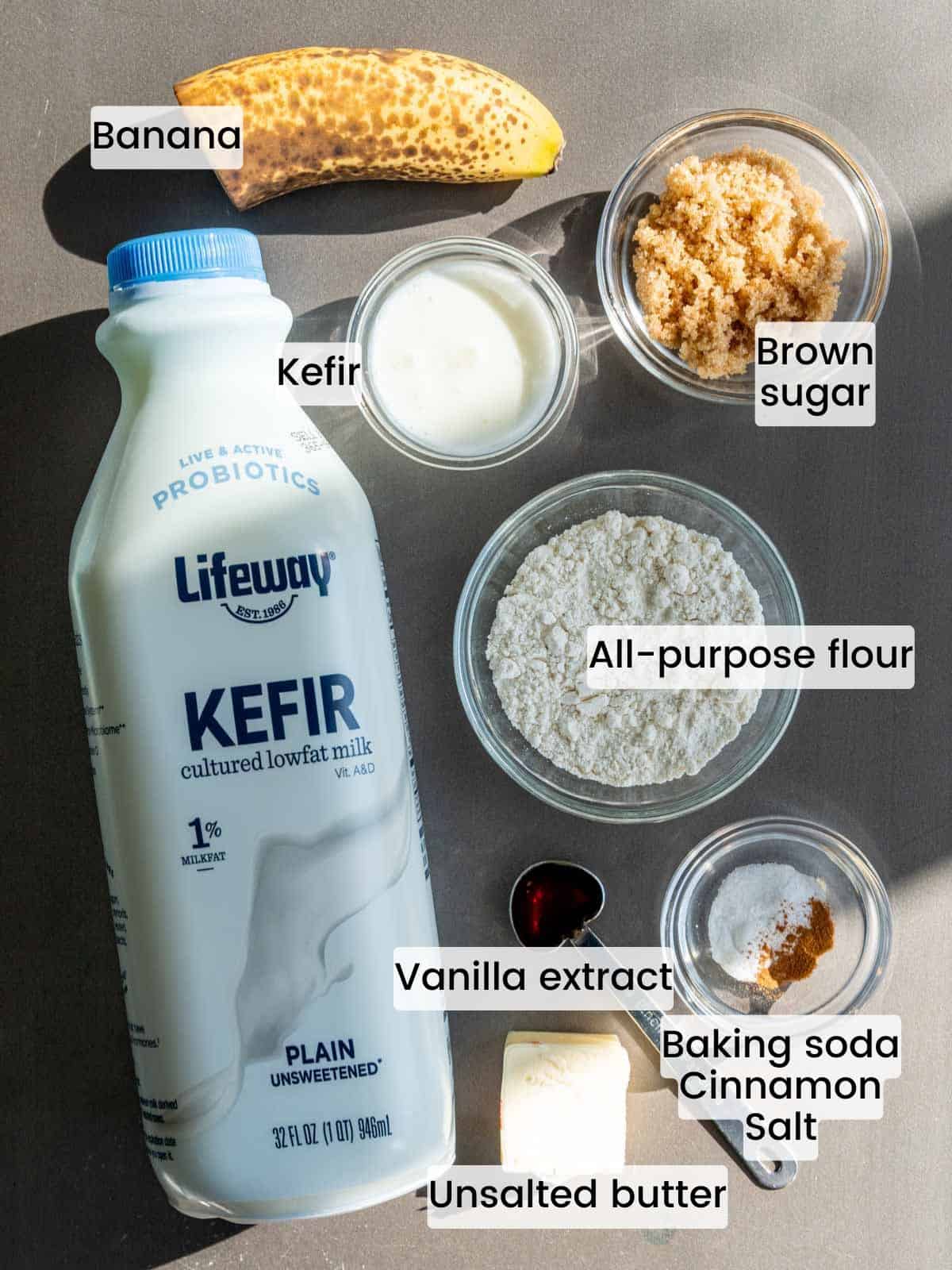 Ingredients needed to make a single serving of banana bread in a mug.