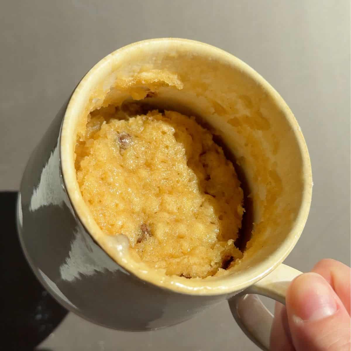 Chocolate chip banana bread in a coffee mug.
