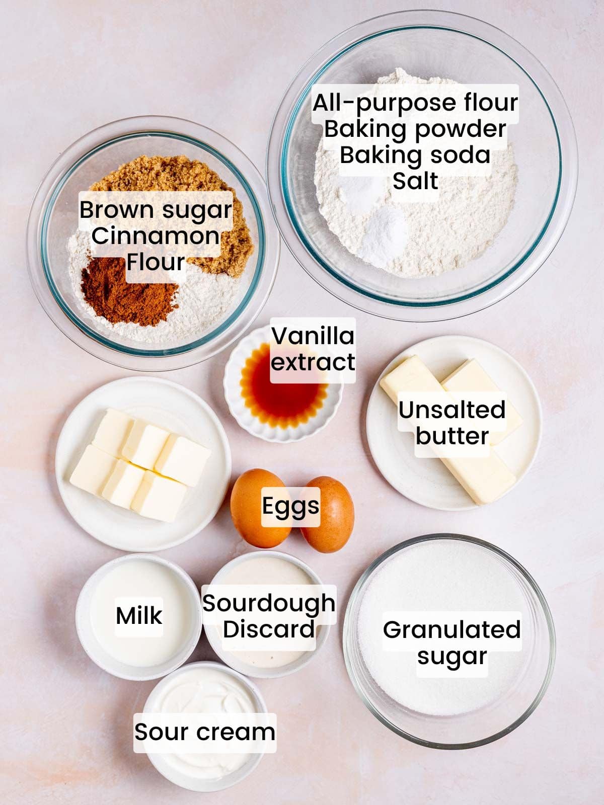 Ingredients needed to make coffee cake with leftover sourdough starter.