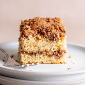 A slice of sourdough discard coffee cake with cinnamon streusel layers.