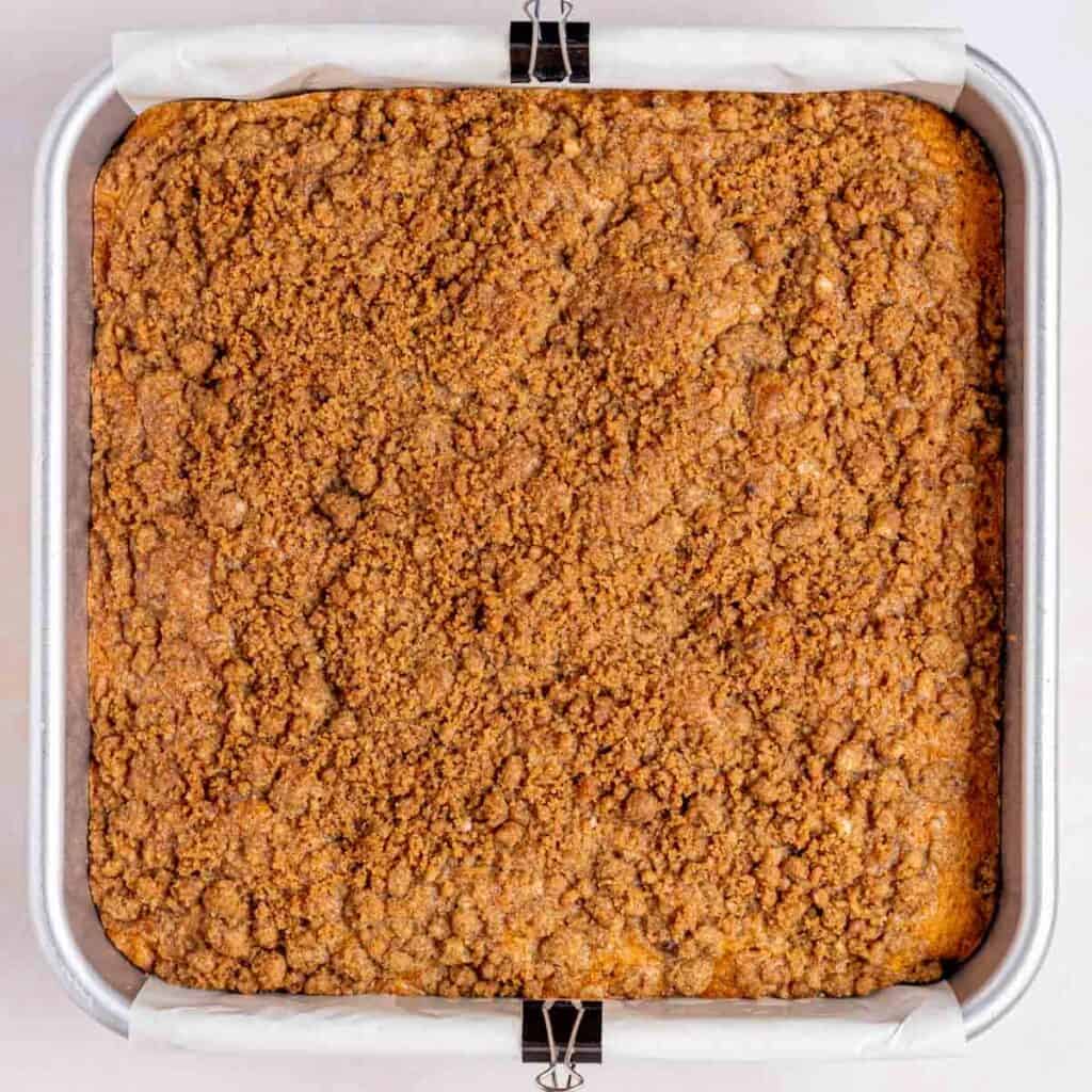 The top of a sourdough discard coffee cake baked in a square pan.