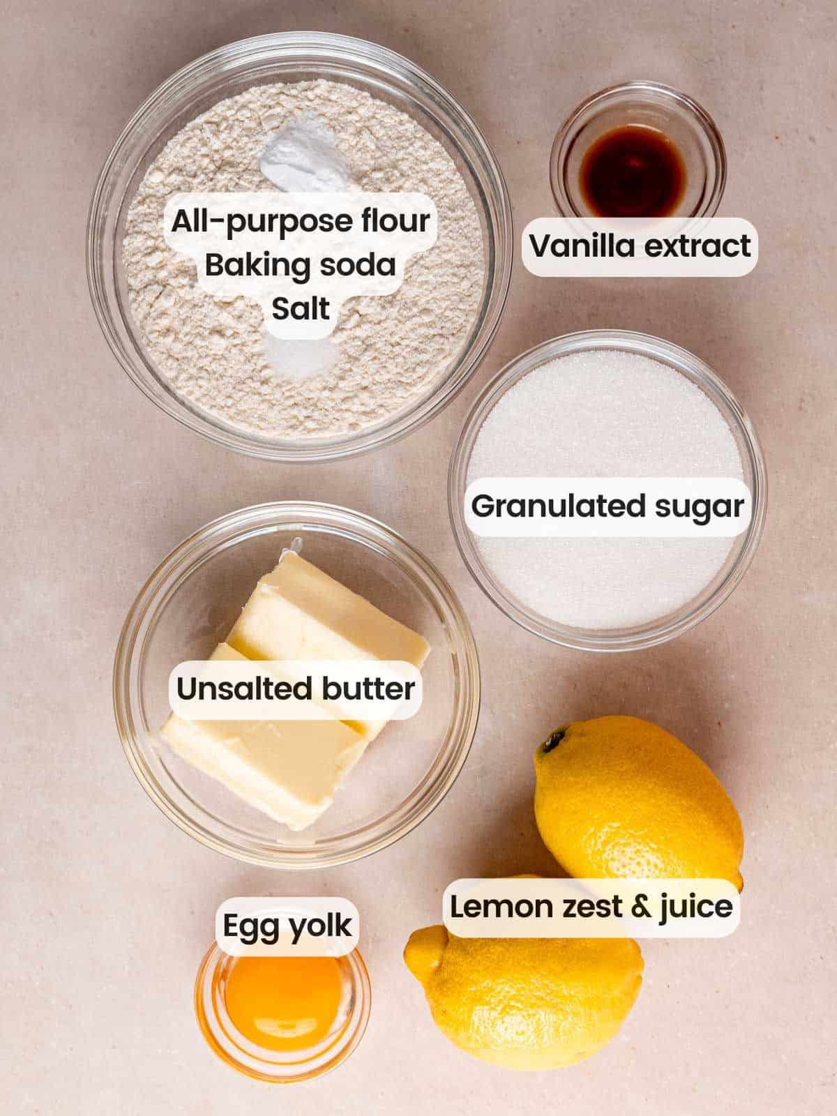 Ingredients for lemon sugar cookies.