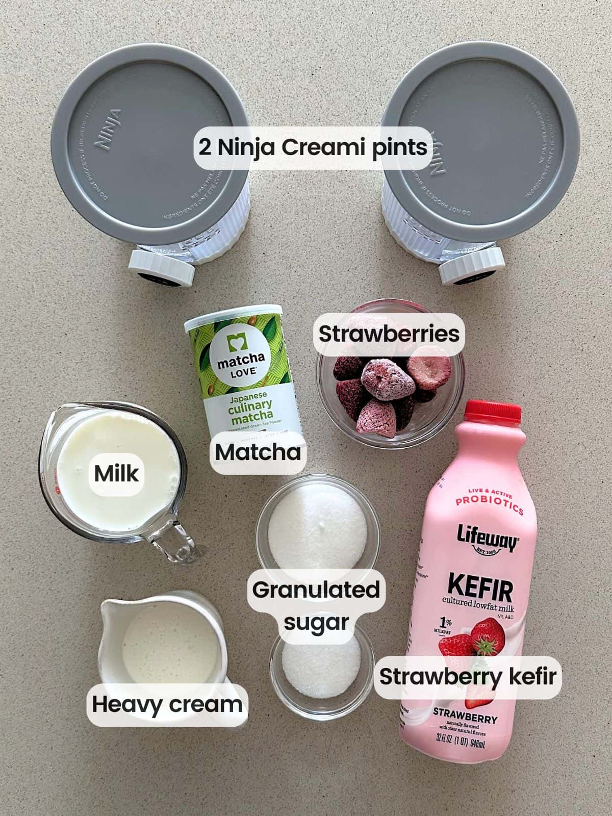 Ingredients needed to make strawberry matcha ice cream with a Ninja Creami.