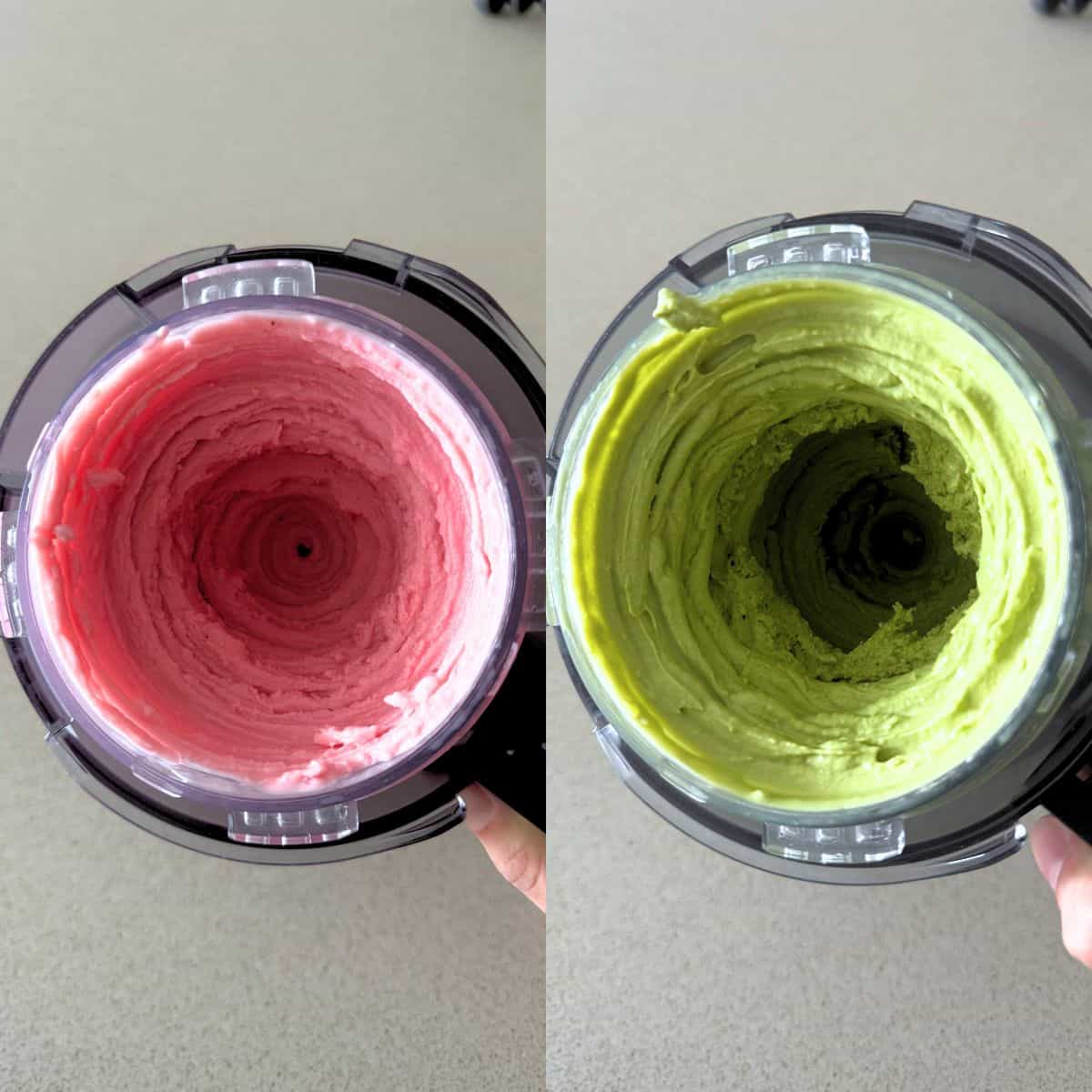 Strawberry and matcha ice creams after the Lite Ice Cream Ninja Creami setting.