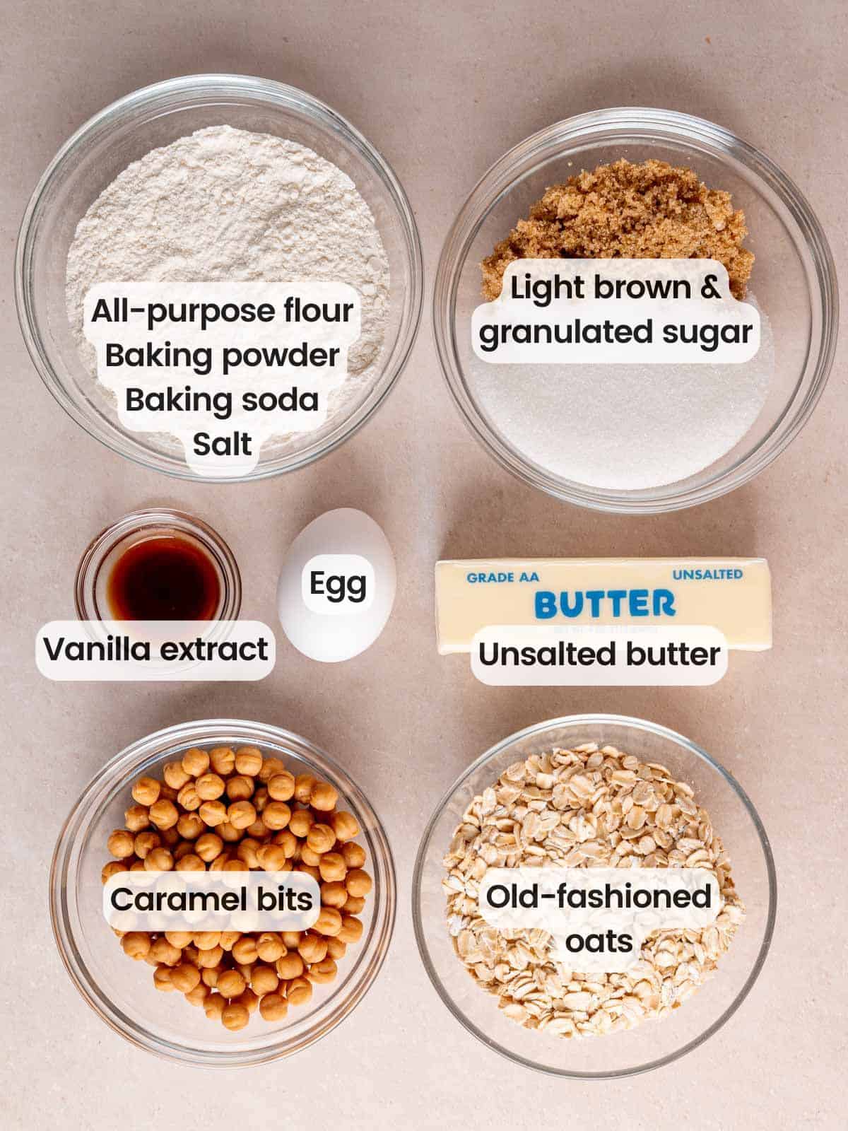 Ingredients for salted caramel oatmeal cookies.