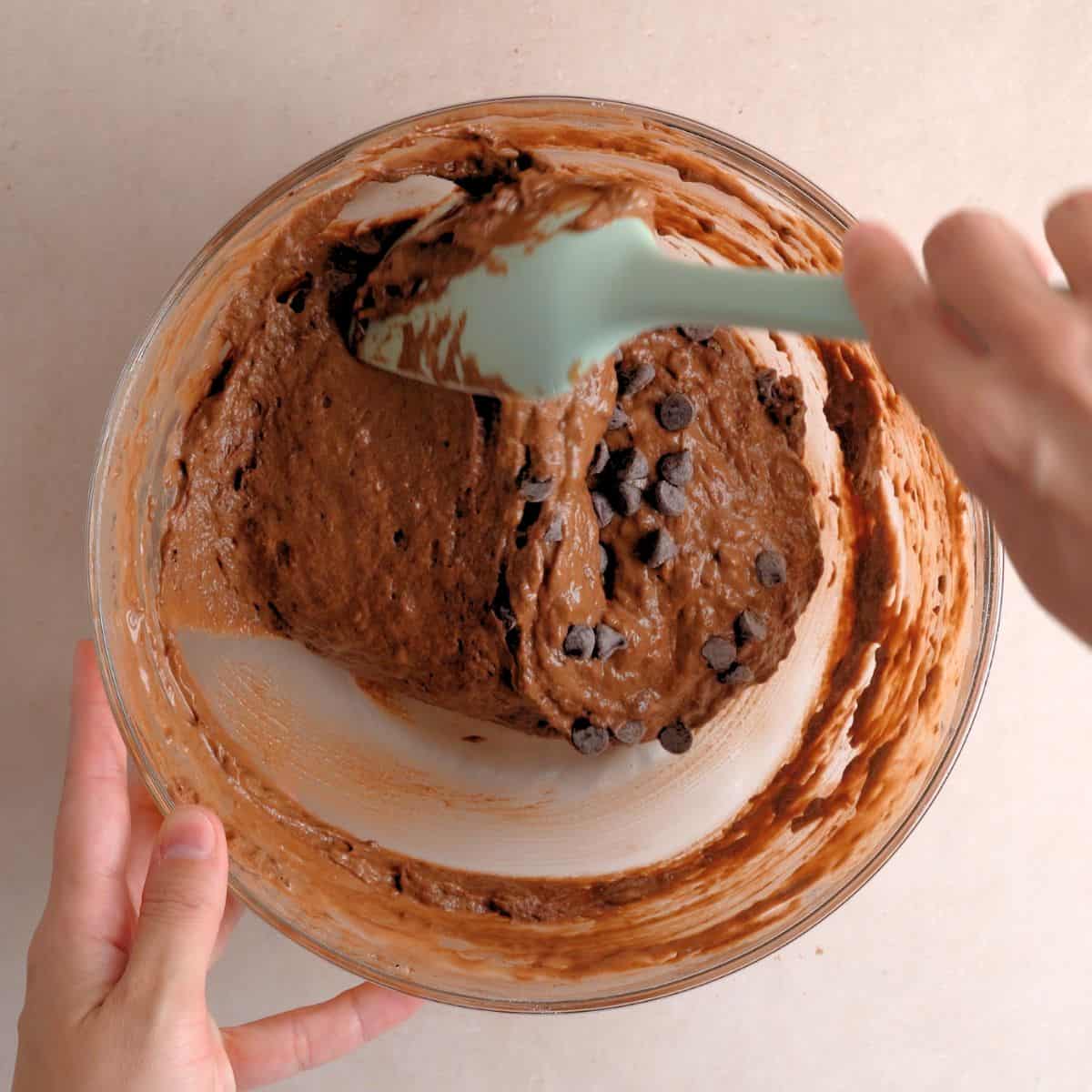 Folding chocolate chips into chocolate cake batter with a spatula.