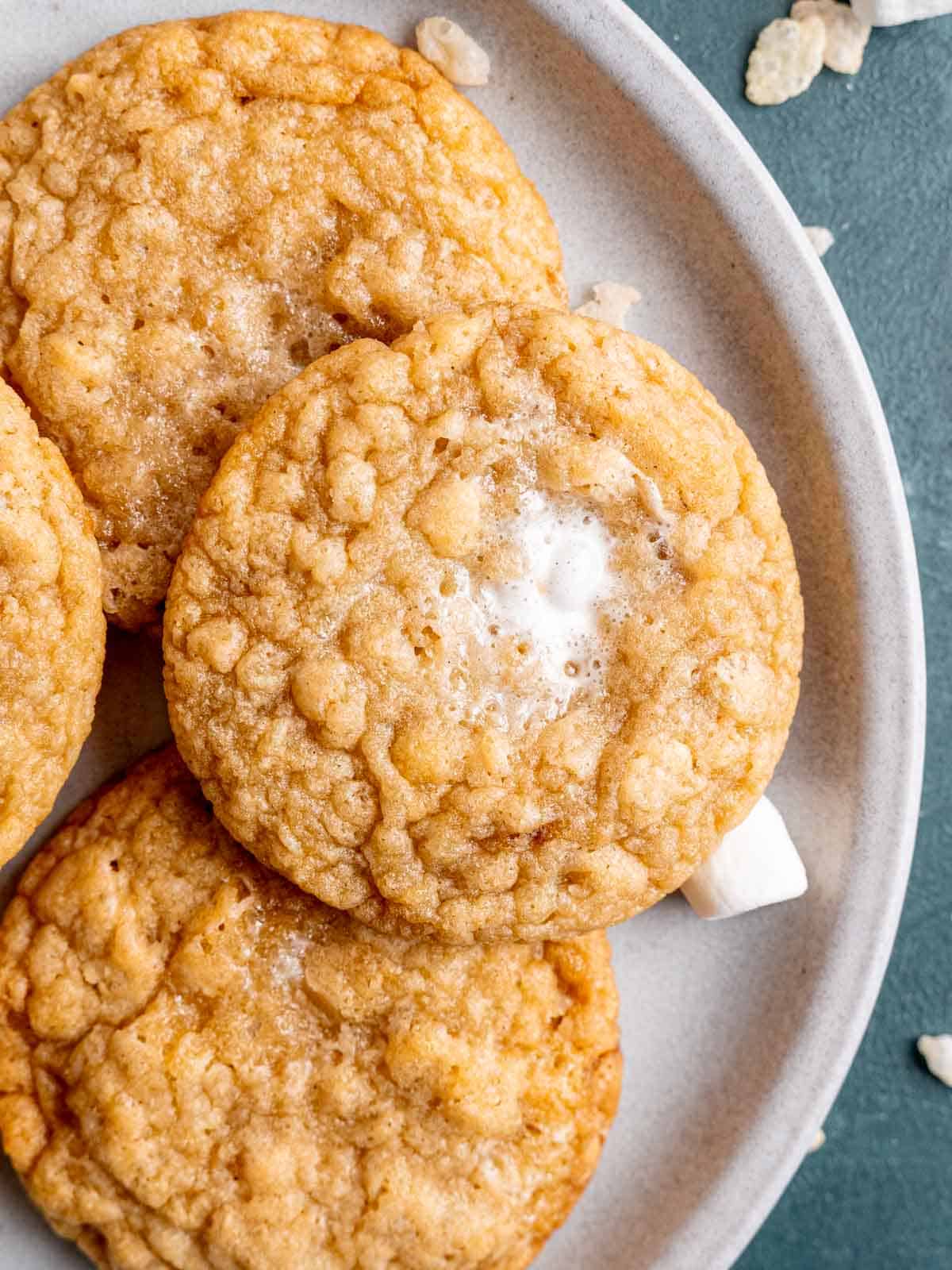 Marshmallow crispy cookies with gooey marshmallow in the center.