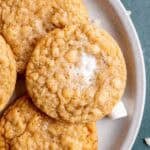 A plate of marshmallow crispy cookies.