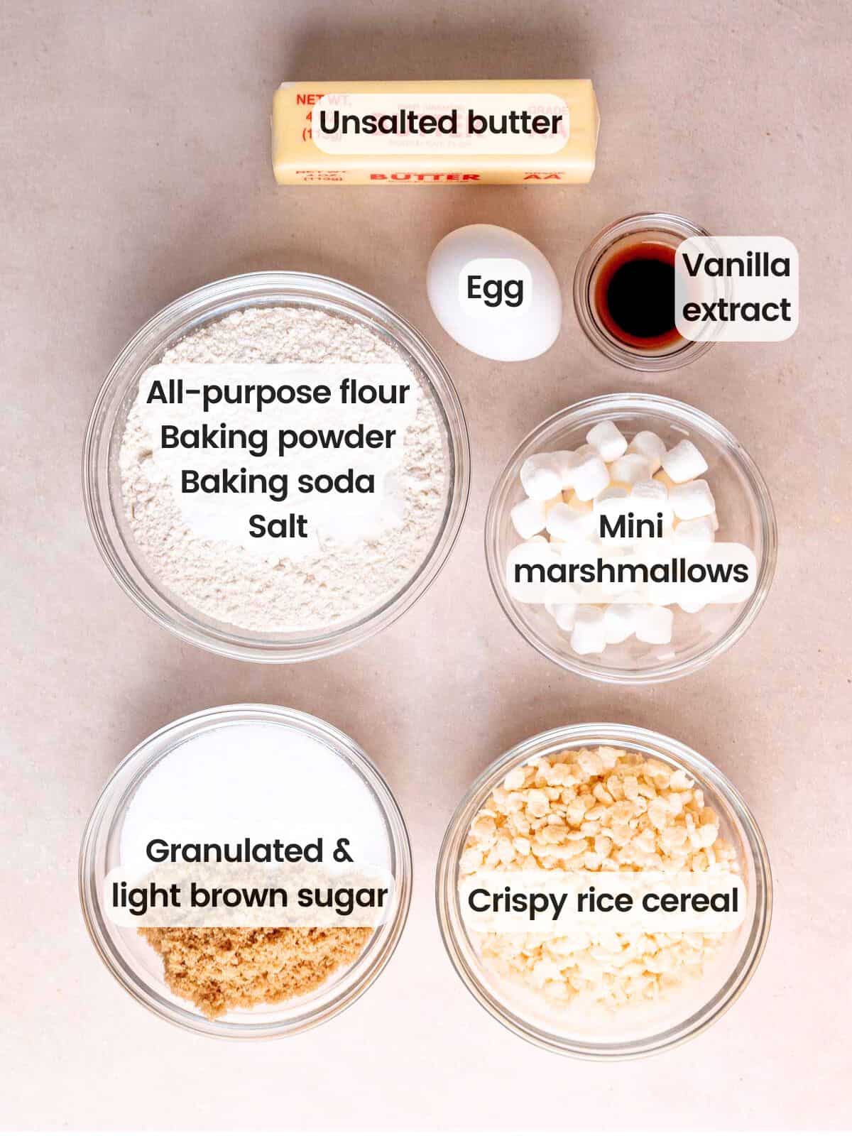 Ingredients needed to make crispy marshmallow cookies.