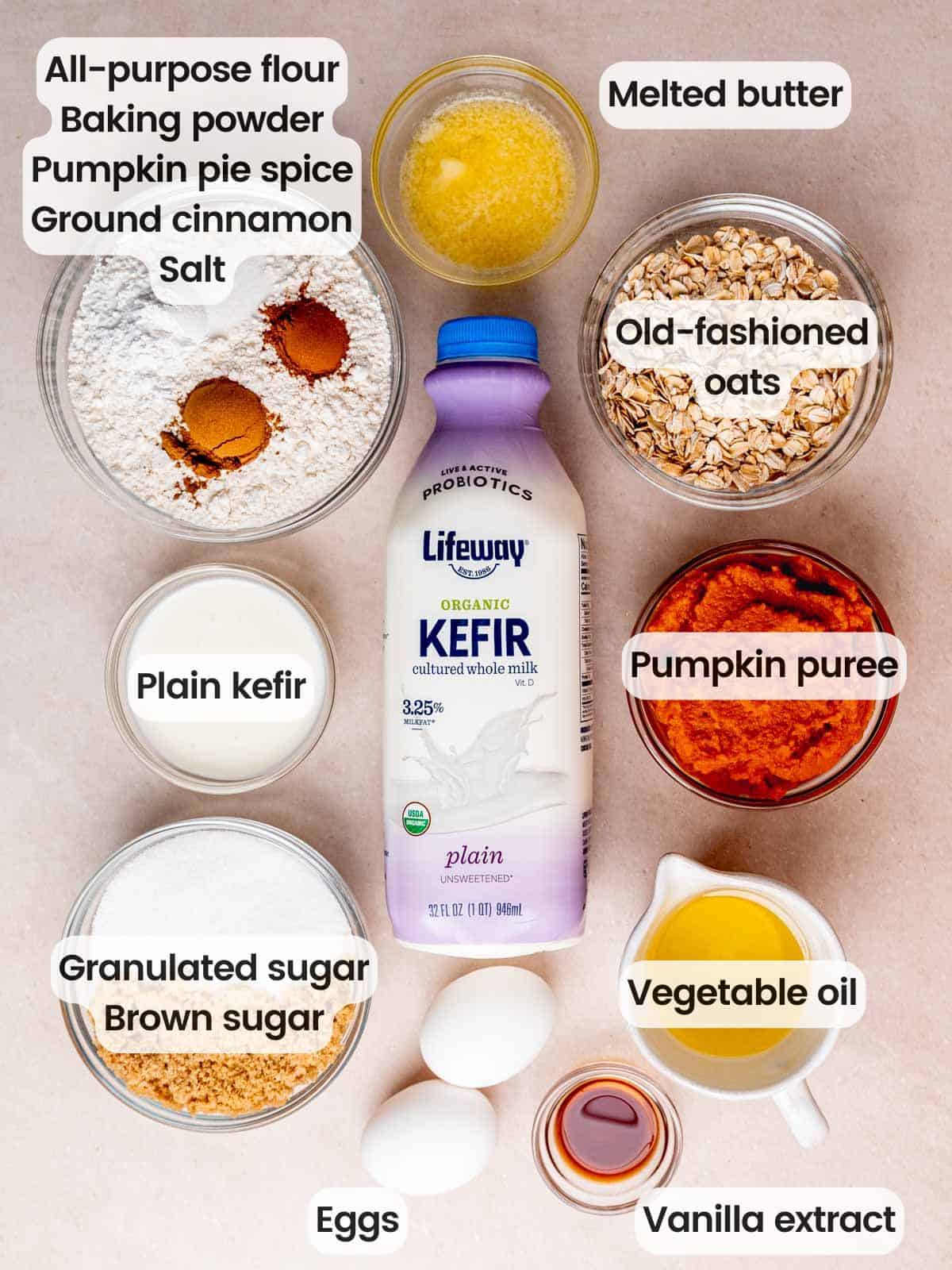 Ingredients needed to make pumpkin oatmeal muffins with streusel topping.