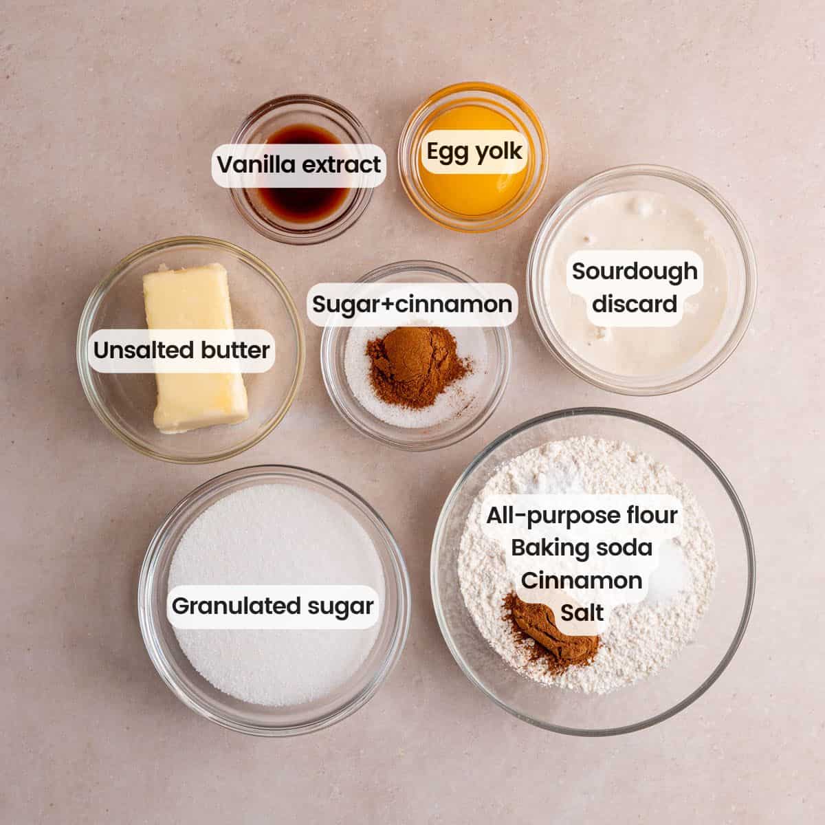 Ingredients needed to make snickerdoodle cookies with sourdough discard.