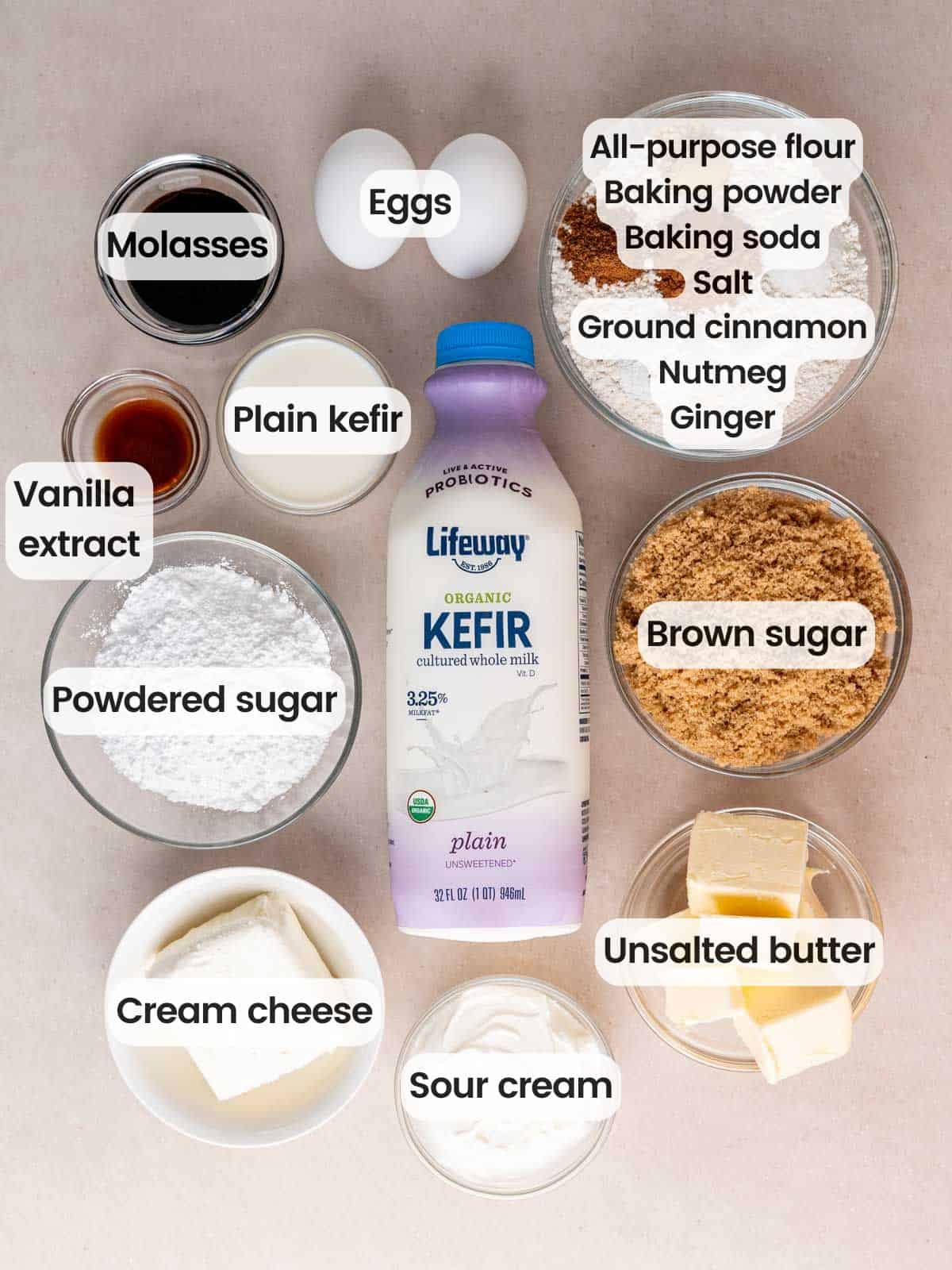 Ingredients needed to make spice cake with cream cheese frosting.