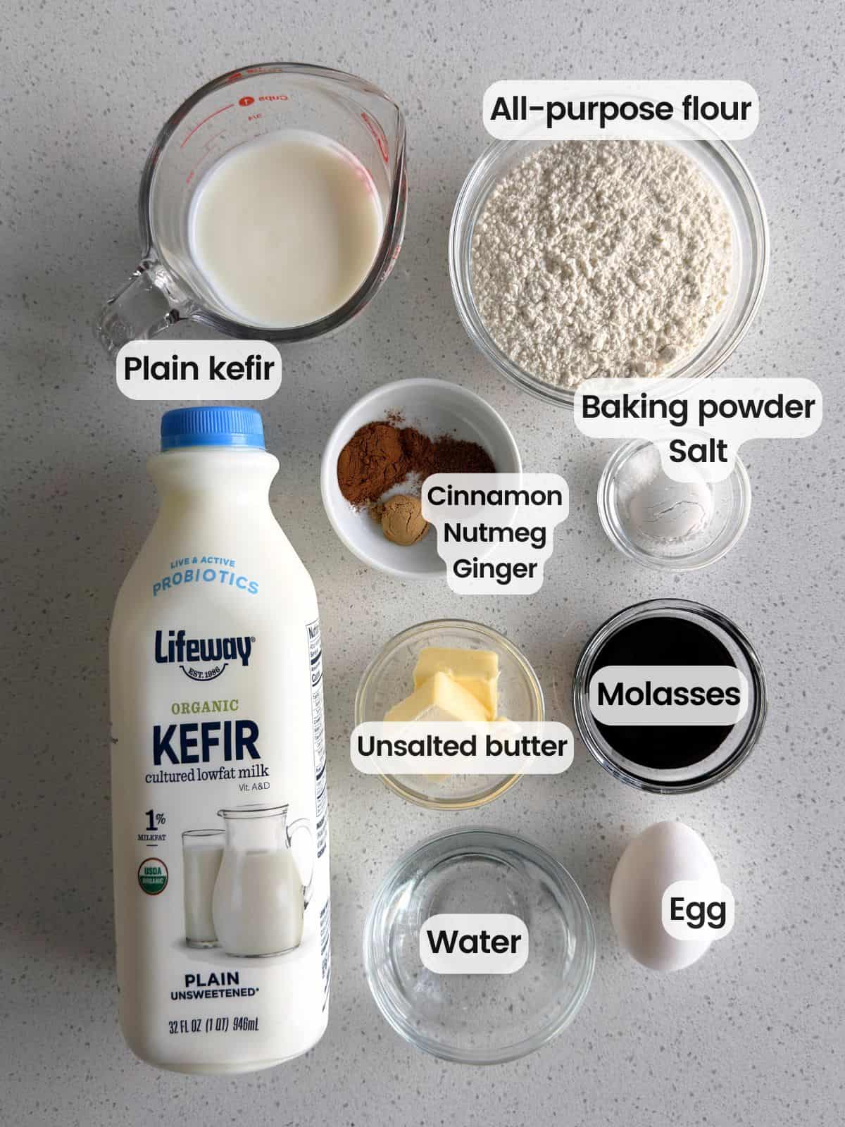Ingredients needed to make gingerbread pancakes.