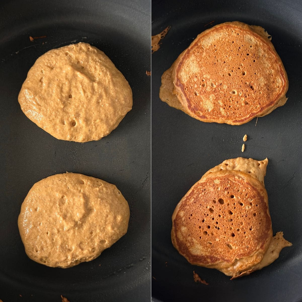 Regular gingerbread pancakes cooking on a skillet.