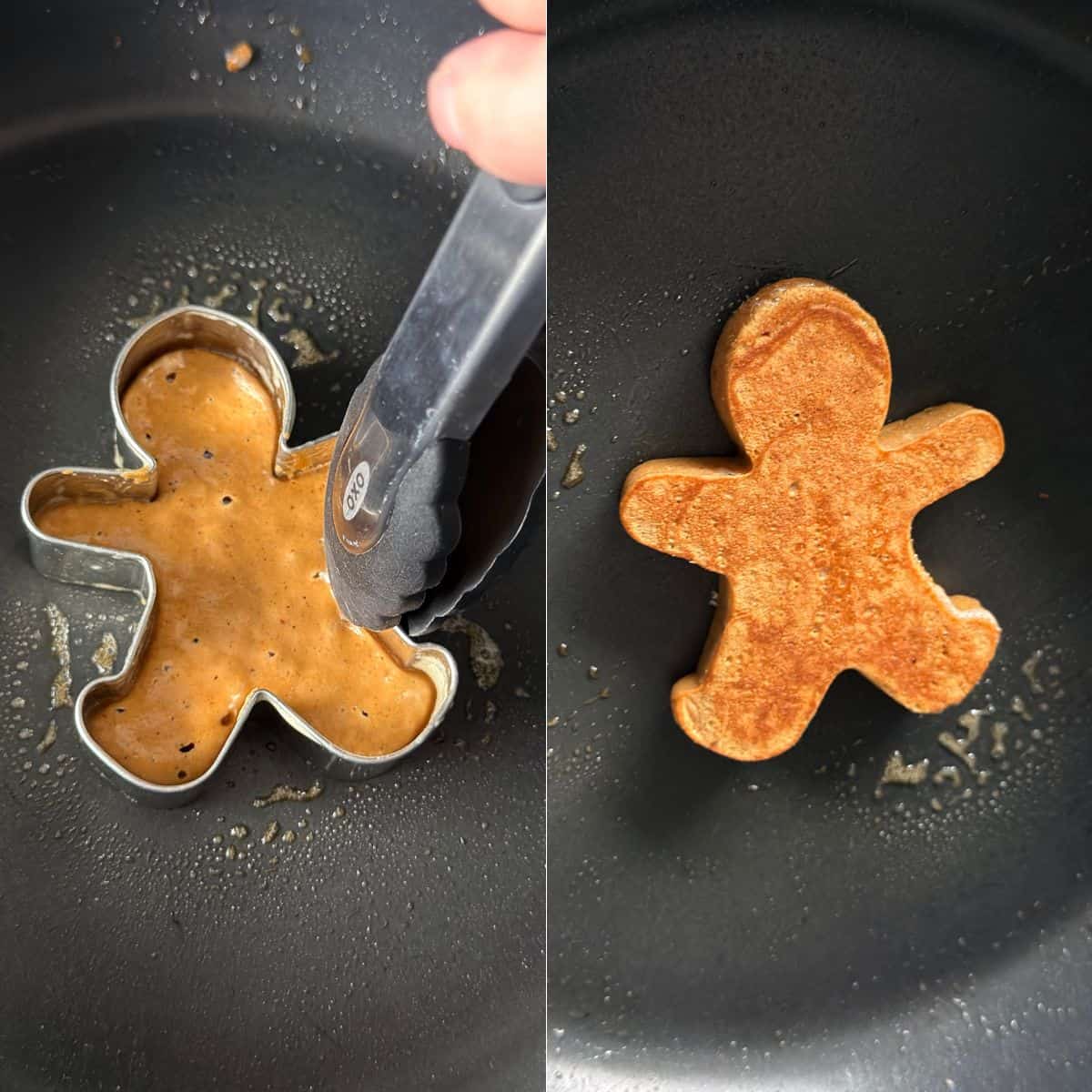 Gingerbread man pancakes cooking on a skillet.