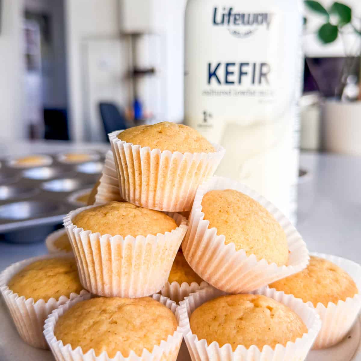 Mini honey muffins stacked in front of a bottle of Lifeway kefir.