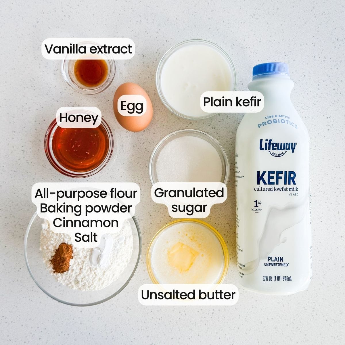 Ingredients needed to make honey muffins.